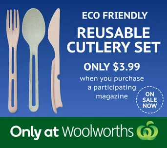 Eco-friendly reusable cutlery set ad, $3.99 with magazine, available at Woolworths.