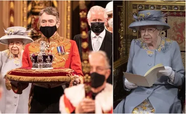 Royal ceremony with crown bearer, queen in blue outfit with hat, and attendee in black mask.