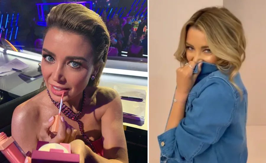 Left image: Woman applying lipstick at a studio; right image: Same woman playfully hiding face with denim jacket.