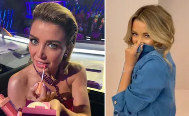 Left image: Woman applying lipstick at a studio; right image: Same woman playfully hiding face with denim jacket.