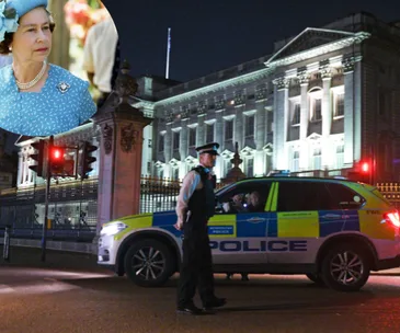 Police car outside Buckingham Palace at night with inset of a woman in blue attire.