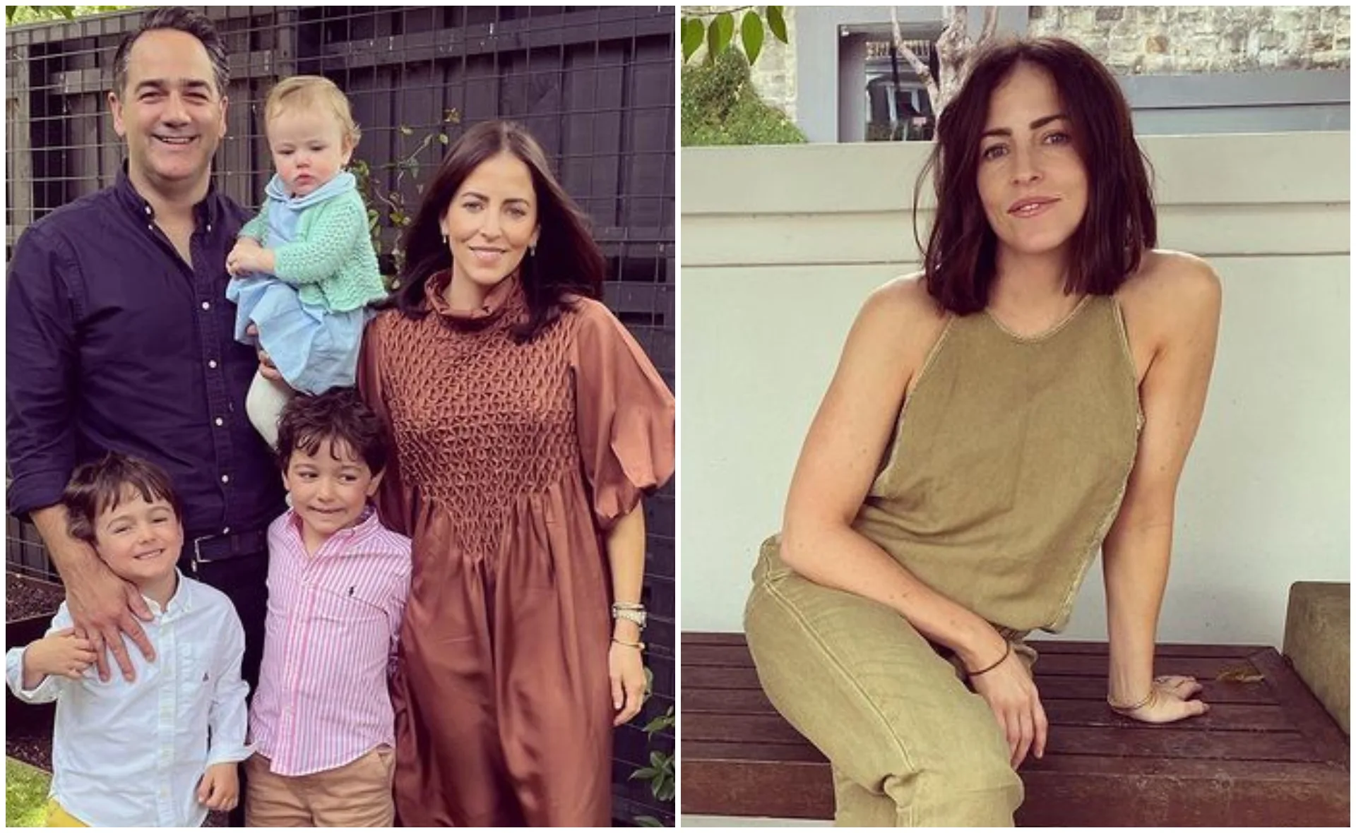 Family of five posing outdoors; woman sitting on a bench in casual attire, smiling.