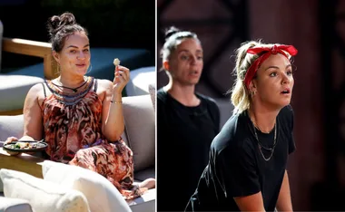 Split image: Left, woman in patterned dress eating outdoors. Right, woman with red bandana looks focused in challenge.
