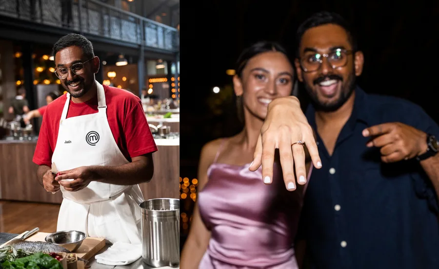 Chef in apron smiles in kitchen; couple shows engagement ring, both look happy.