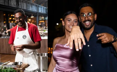 Chef in apron smiles in kitchen; couple shows engagement ring, both look happy.
