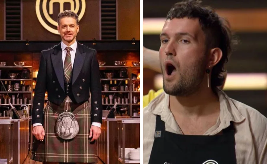 Two men on MasterChef: one in a kilt standing in the kitchen, the other with an expression of surprise.