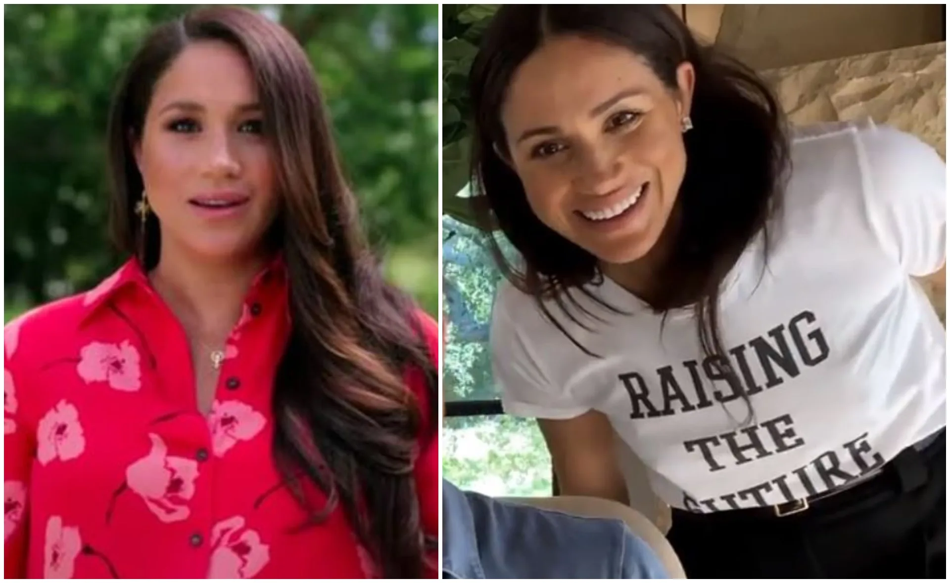 A woman in a red floral dress and another smiling in a "Raising The Future" t-shirt.