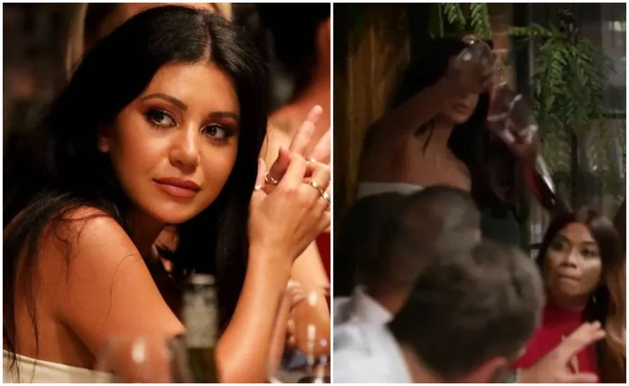 Two images; a woman with long black hair seated at a dinner party, and later pouring a drink, surprising another guest.