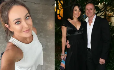 "Woman in a white top takes a selfie; another photo with her and a man in formal attire in a garden setting."