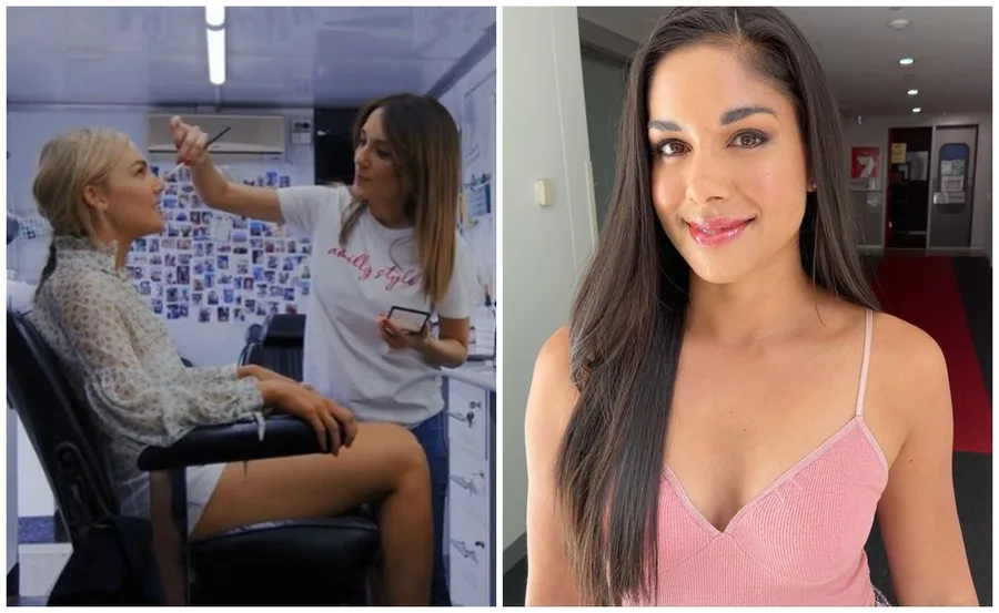 "Left: makeup artist working on actress, Right: smiling woman with long hair in pink top."