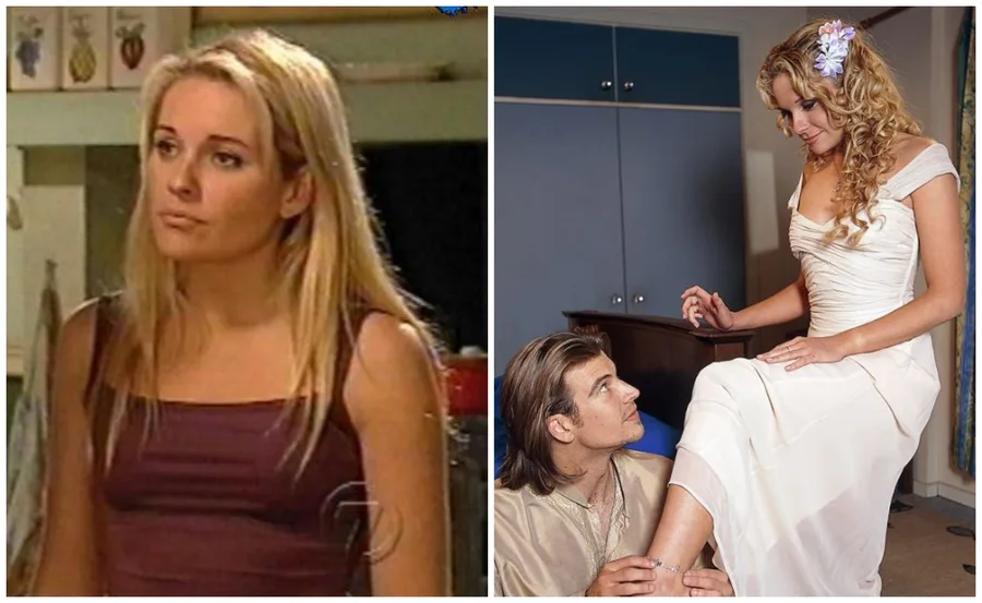 Two scenes from "Home and Away," featuring a woman with blonde hair and a wedding scene with a couple.