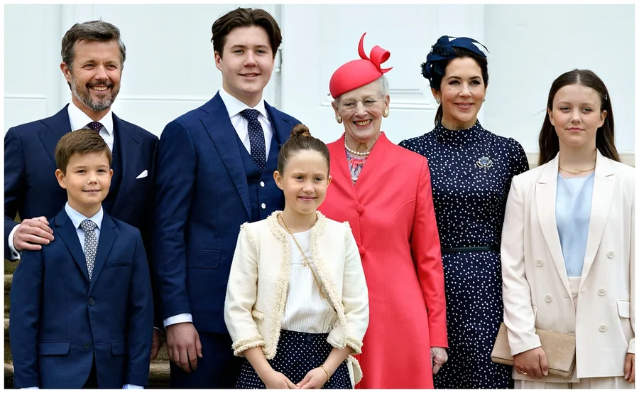 A family photo featuring Prince Christian with Queen Margrethe and other family members in formal attire.