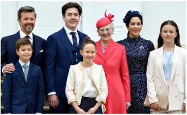 A family photo featuring Prince Christian with Queen Margrethe and other family members in formal attire.