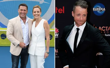 Two people smiling on the left in elegant outfits, man posing in a suit on the right, on a blue and black background.