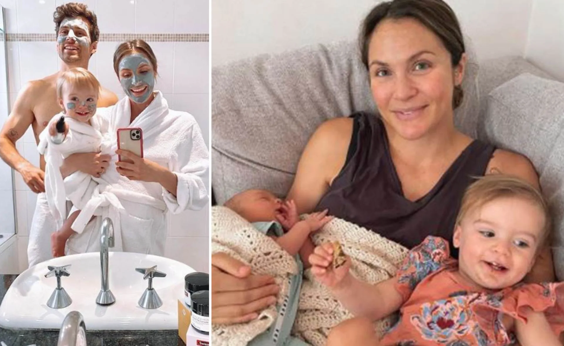 Family in bathrobes and face masks; a woman with two young children, one infant.