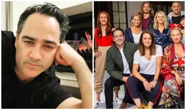 "Man leaning by a fireplace and a group photo with six people dressed casually indoors."