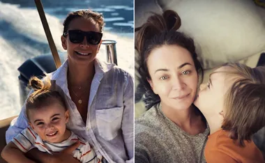 A woman with sunglasses and a child on a boat, and a child kissing her cheek indoors.
