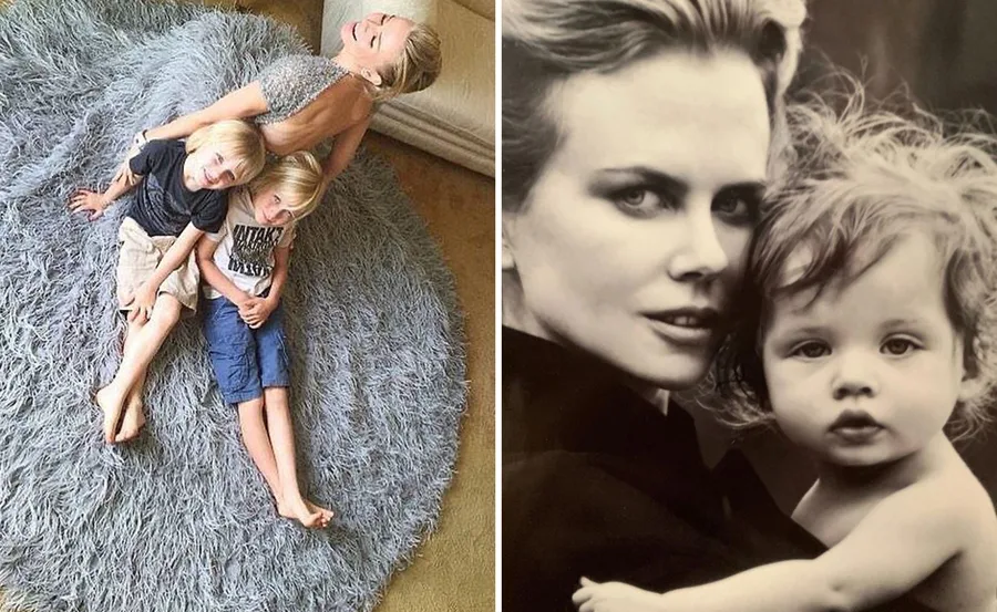 A mother in a glamorous gown sits on a fluffy rug with two children; black-and-white photo of her holding a baby.