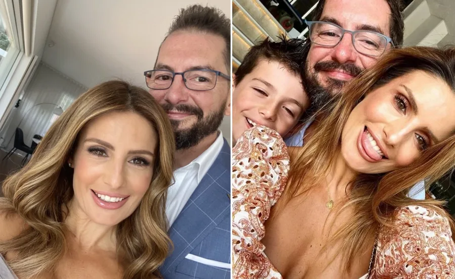 Two side-by-side photos: Left shows a woman and a man smiling; right shows a joyful family selfie with a child.