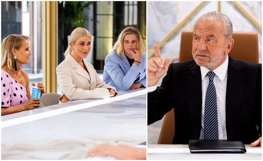 "Contestants sitting across from host at Celebrity Apprentice Australia boardroom table."