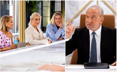 "Contestants sitting across from host at Celebrity Apprentice Australia boardroom table."