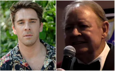 Young man in floral shirt outdoors; older man in suit speaking into microphone indoors.