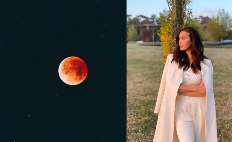 "Super Blood Moon in dark sky; woman in white outfit standing outdoors during the day."