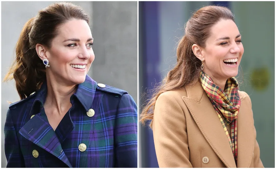 A woman smiling in a plaid coat and a tan coat with a tartan scarf, in different poses outdoors.