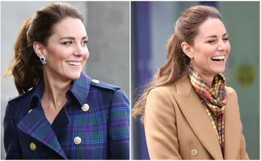 A woman smiling in a plaid coat and a tan coat with a tartan scarf, in different poses outdoors.