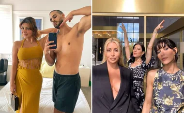 Two photos: Left, woman in yellow and man in shorts pose in bedroom; right, three women pose in stylish outfits indoors.