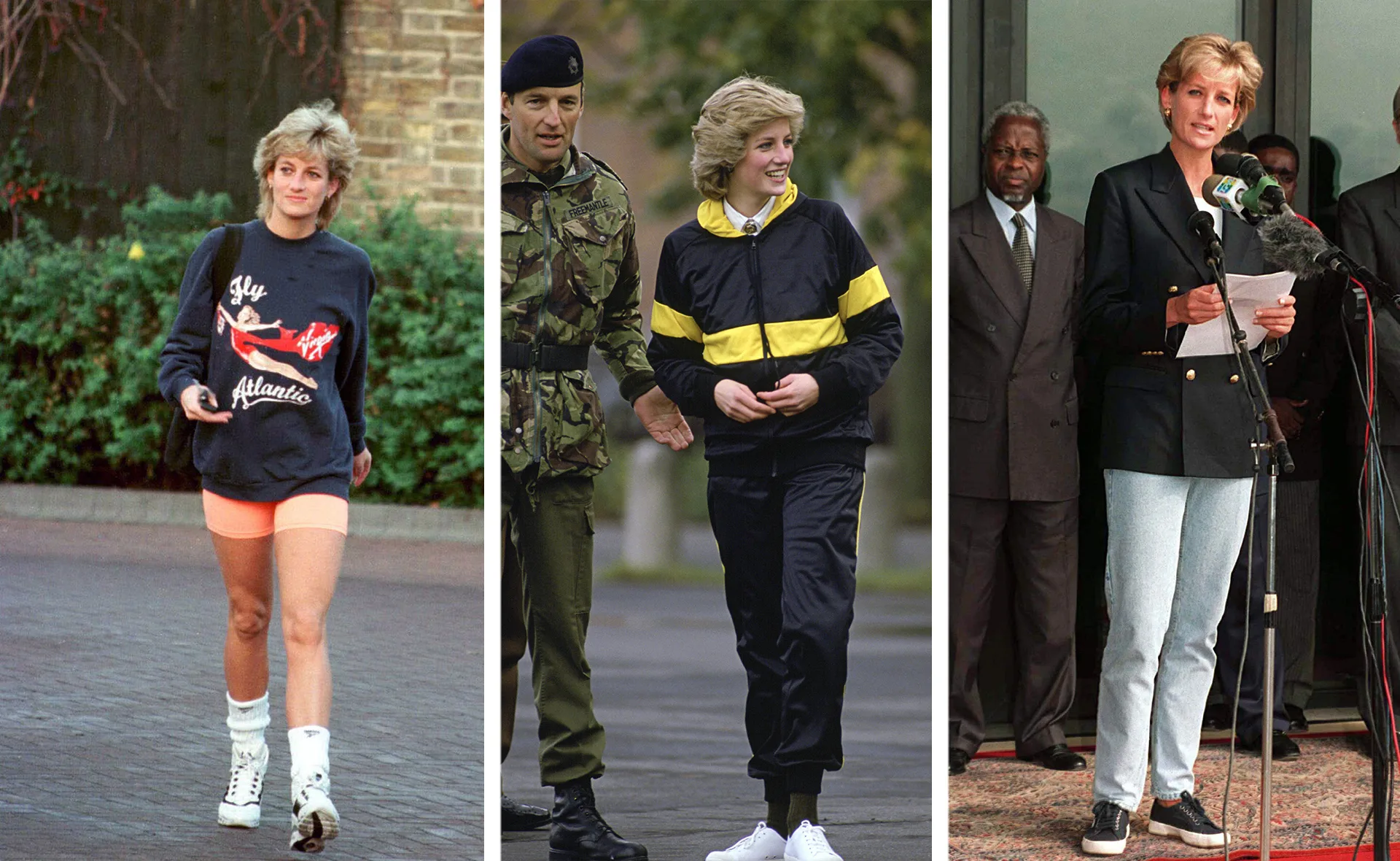 Princess Diana in casual outfits: athletic wear and sneakers, walking, conversing, and giving a speech outdoors.