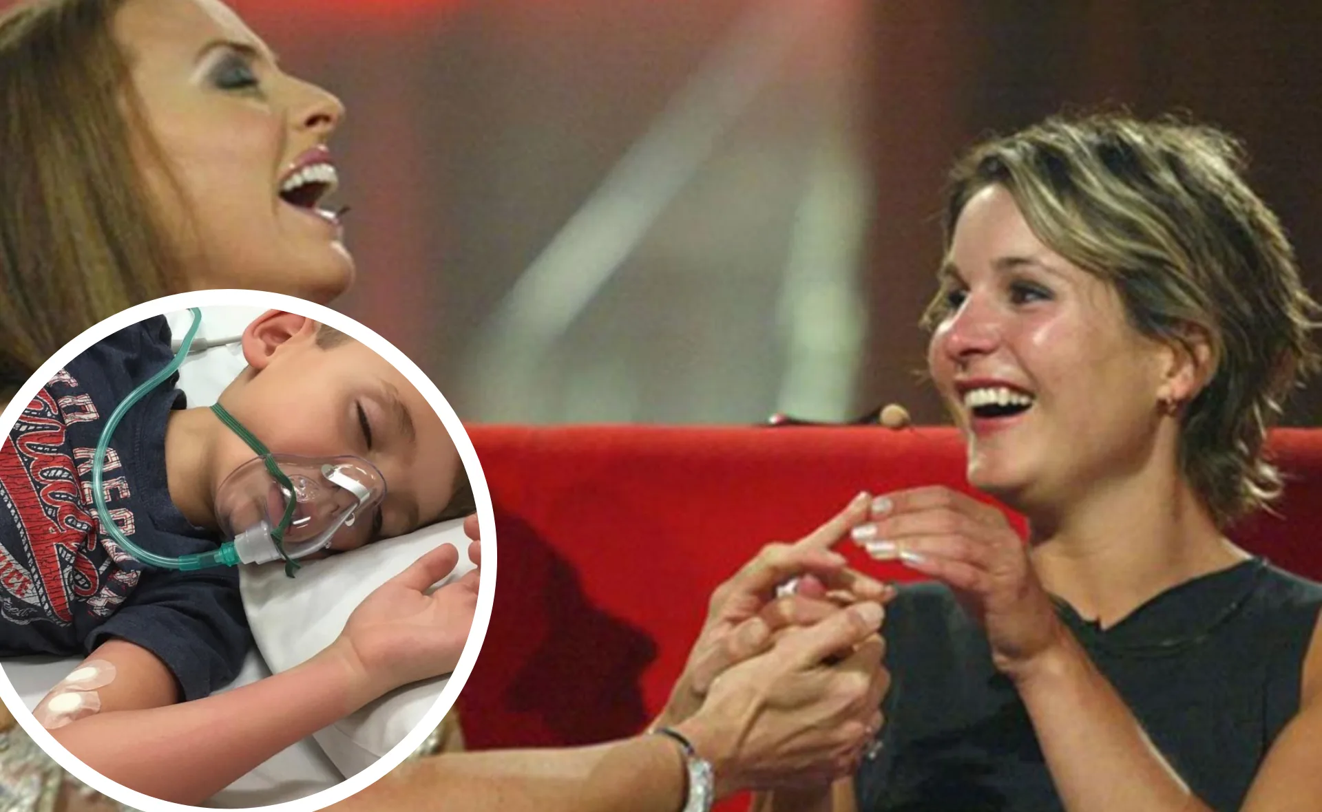 Two women laughing and holding hands, with a circular inset of a sleeping child with an oxygen mask.