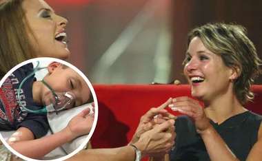 Two women laughing and holding hands, with a circular inset of a sleeping child with an oxygen mask.