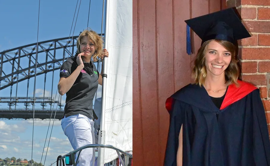 Woman sailing near a bridge in sportswear; same woman in graduate attire, smiling at her graduation ceremony.