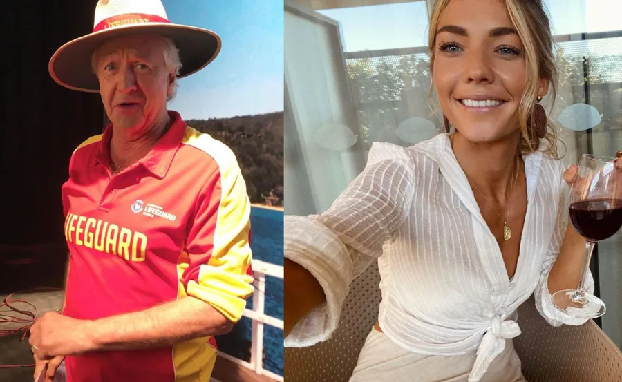 Two people: one in a lifeguard uniform outdoors, and the other in white indoors holding a wine glass.