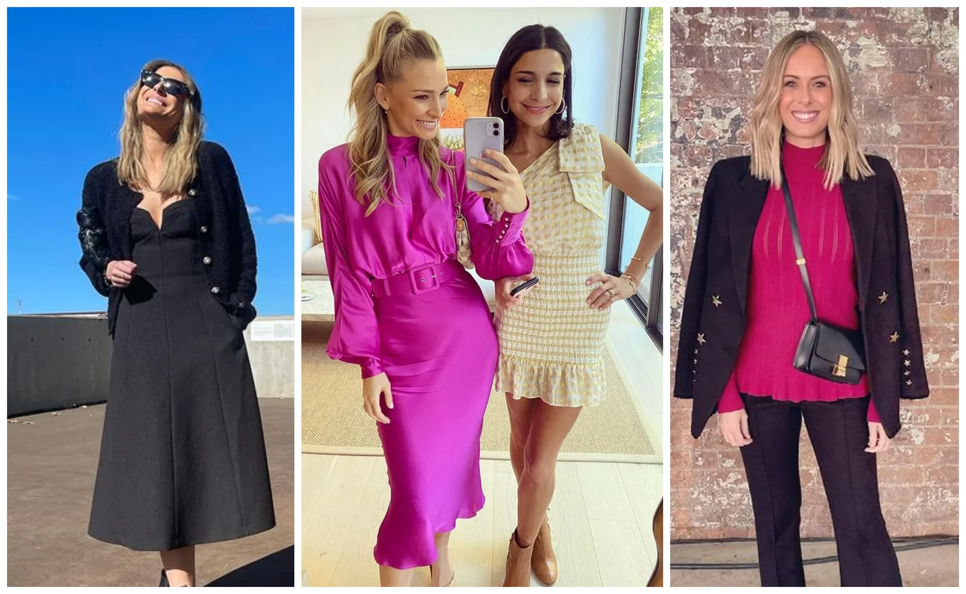 Women at Fashion Week Australia 2021, showcasing chic outfits: black dress, bright pink dress, and pink top with jacket.
