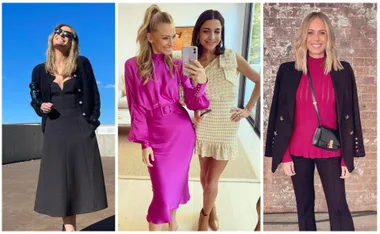 Women at Fashion Week Australia 2021, showcasing chic outfits: black dress, bright pink dress, and pink top with jacket.