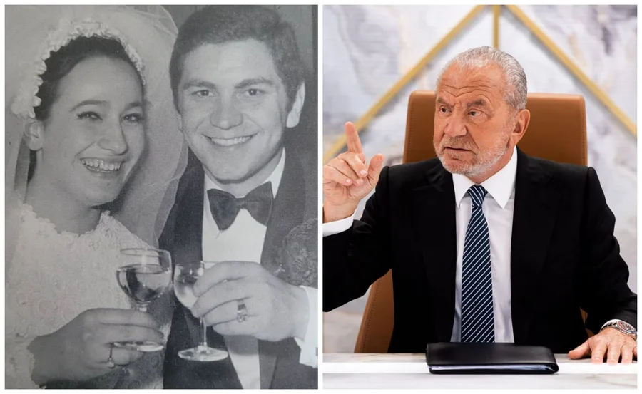 "Two images; left: smiling couple at wedding in vintage photo, right: older man in suit gesturing with finger at desk."
