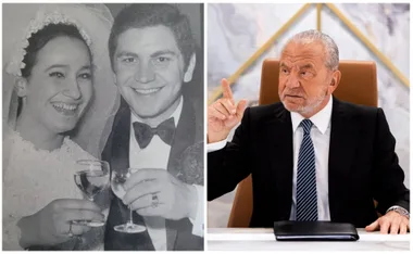 "Two images; left: smiling couple at wedding in vintage photo, right: older man in suit gesturing with finger at desk."