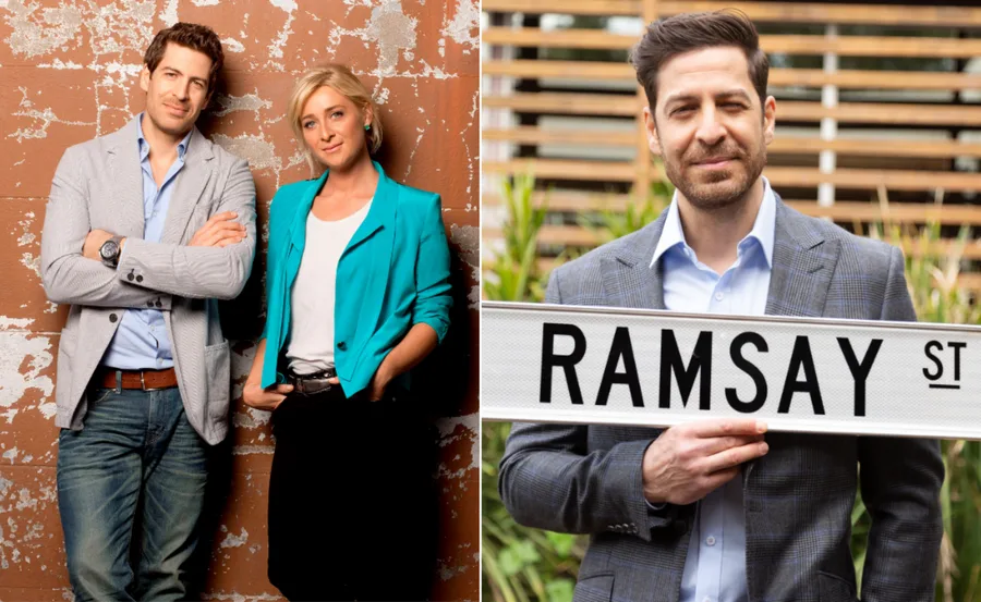 "A man and a woman posing together; separately, the man holds a 'Ramsay St' sign, dressed in business attire."