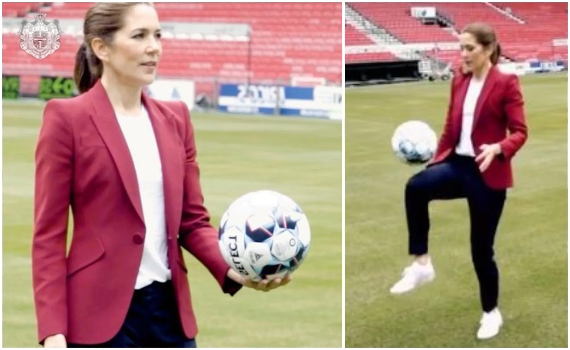 Woman in red blazer holding and juggling a soccer ball on a field.