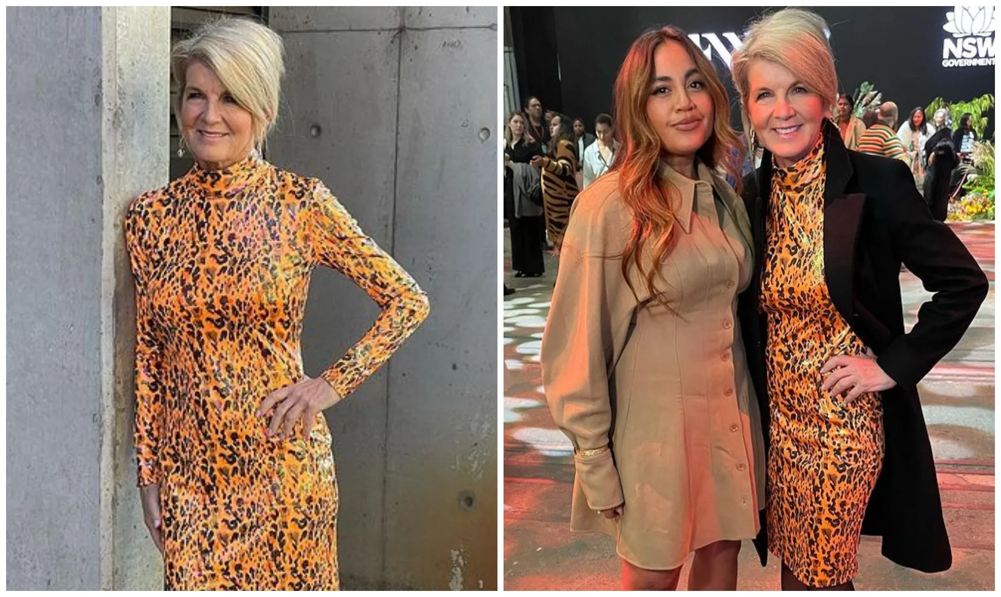 Two images: 1) Woman in orange leopard print dress by concrete wall. 2) Two women posing; one in leopard print, one in neutral dress.
