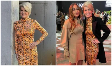 Two images: 1) Woman in orange leopard print dress by concrete wall. 2) Two women posing; one in leopard print, one in neutral dress.