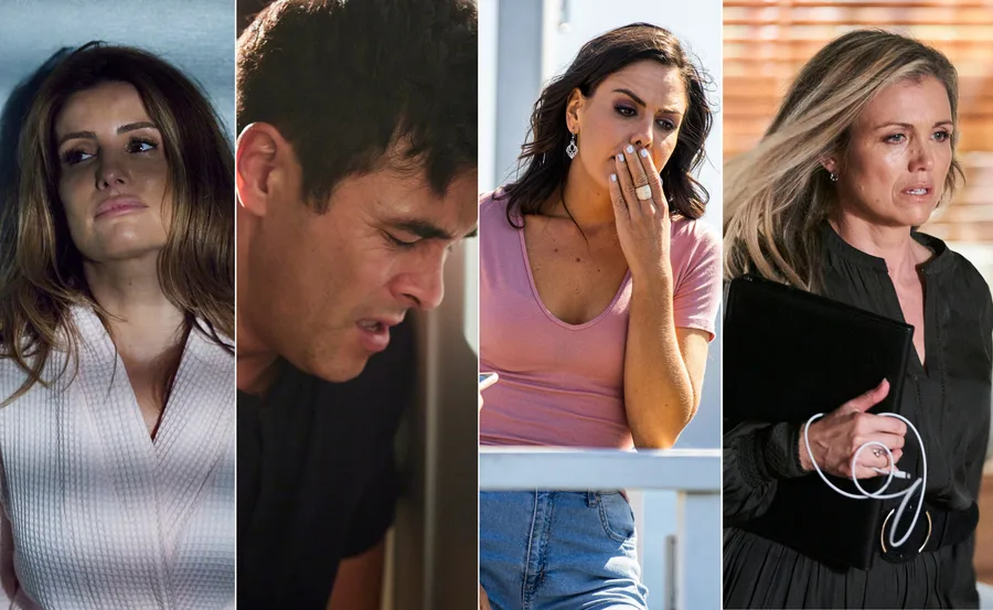 Four characters from "Home and Away" show different emotions: worried, distressed, surprised, and determined.
