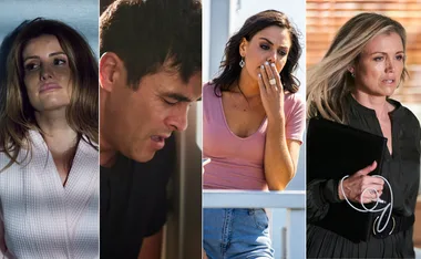 Four characters from "Home and Away" show different emotions: worried, distressed, surprised, and determined.