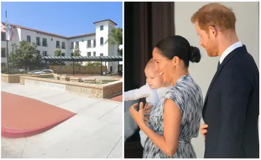 "Santa Barbara Cottage Hospital exterior and family with a baby smiling together."