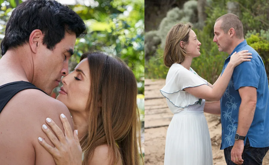 Two couples embrace romantically in a natural outdoor setting with greenery in the background.