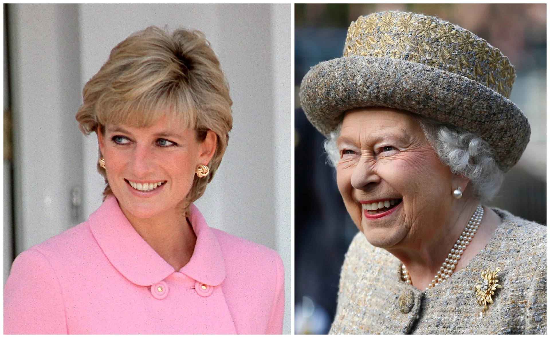 Two women smiling; one in a pink outfit, the other in a hat and pearl necklace.