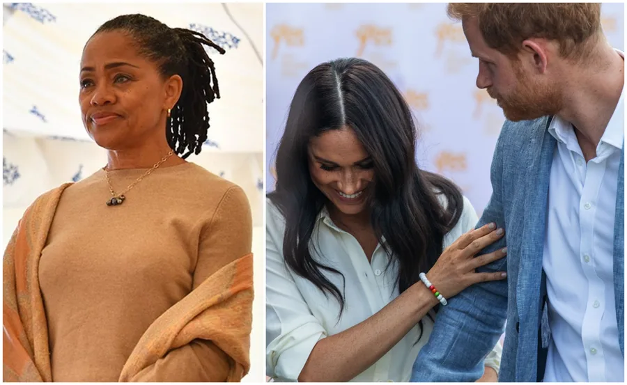 "Doria Ragland smiling outdoors; Meghan Markle with a man, smiling and holding his arm."