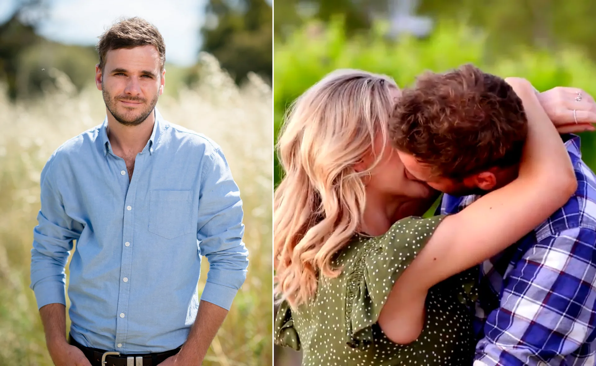 Man in blue shirt outdoors; couple kissing with greenery in background.